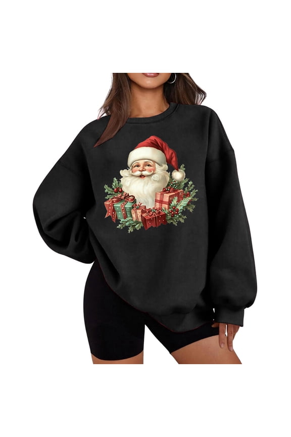 Oversized Sweatshirt for Women Christmas Santa Claus Plush Shirt Crew Neck Long Sleeve Pullover Loose Tops