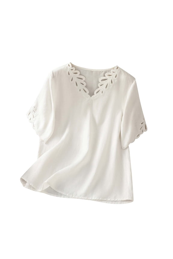 Oversized T Shirts for Women Crew Neck Shirt Short Sleeve Summer Tops Cutout Embroidery Casual Soild Outfit