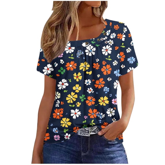 Lorytime Oversized Workout Shirts for Women Short Sleeve Shirt Square Neck Trendy Tops Floral Ruffle Basic Outfit Red XL