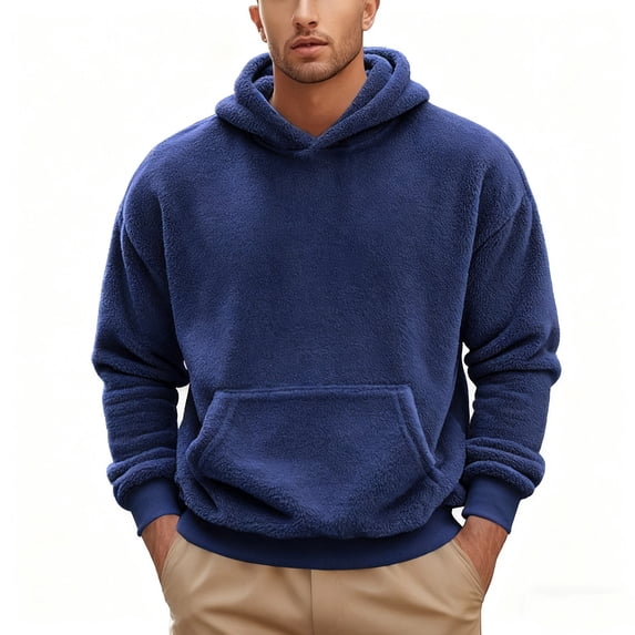 Lorytime Oversized hoodies for men Solid Fleece Sweatshirt Long Sleeve Pullover with Pocket Warm Tops Blue XL