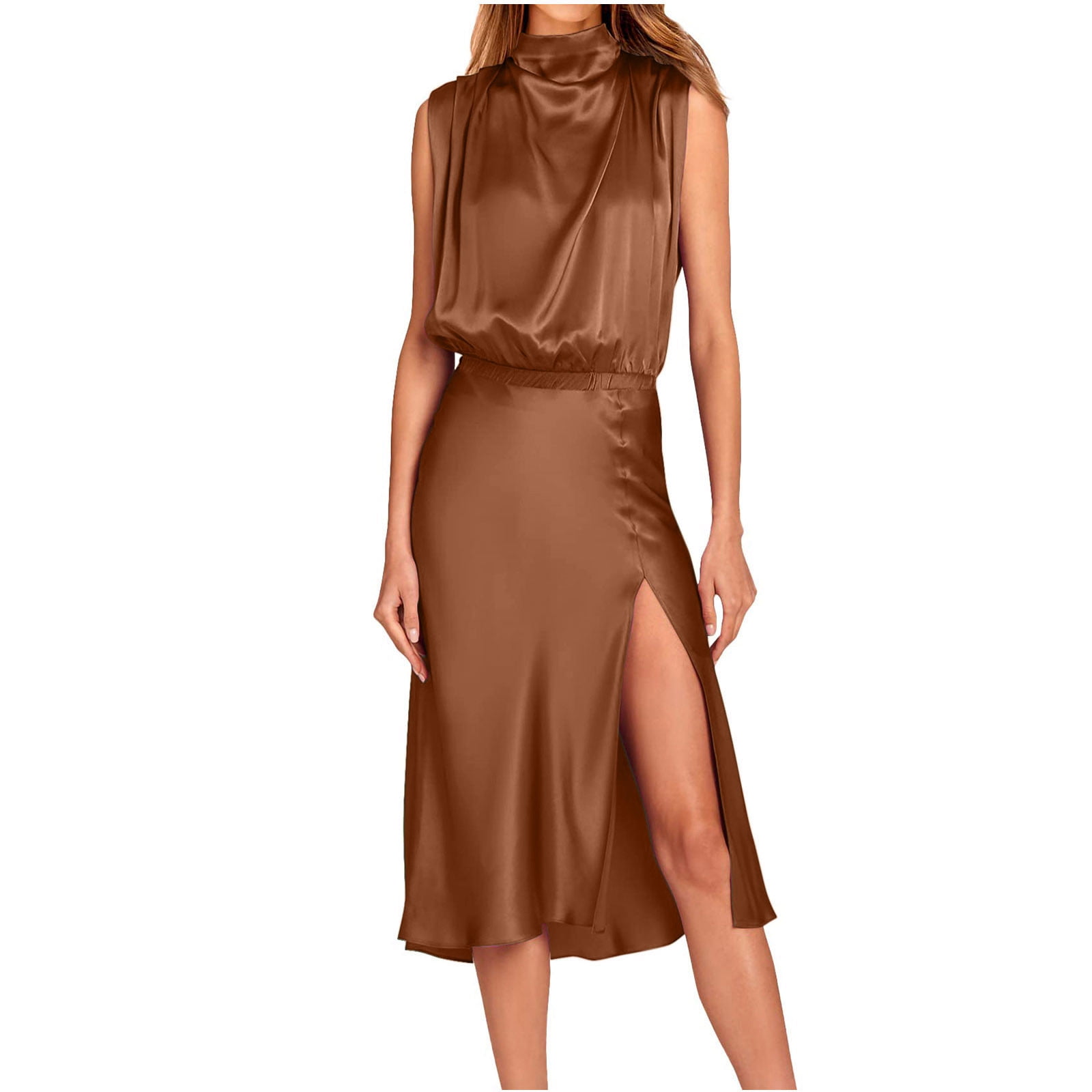 Lorytime Petite Dresses for Women Midi Summer Solid Color Knee Length Mid  Length Dress Sleeveless Side Split Midi Dress High Neck Backless Bodycon  Holiday Dress Resortwear Brown L - Walmart.com