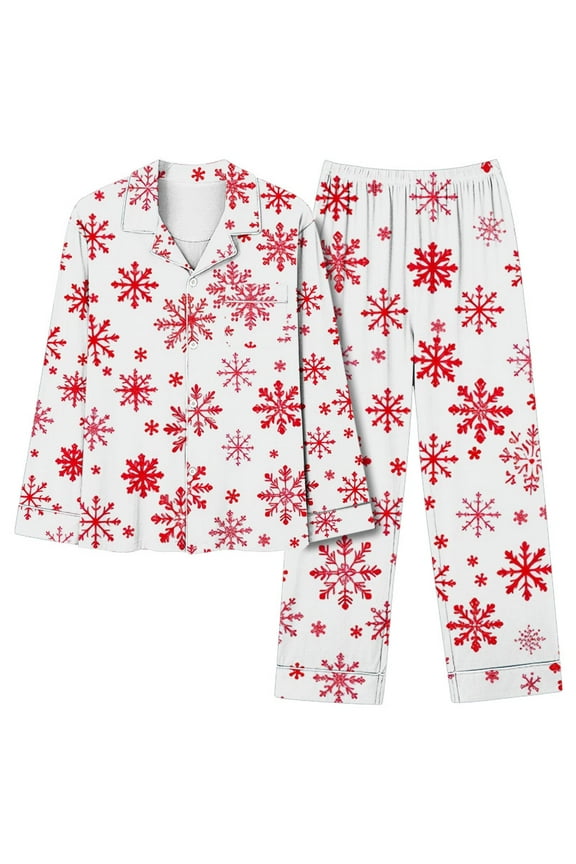 Pjs Sets for Women Christmas Snowflakes Long Sleeved Collared Tops Elastic Waist Pants Festive Loungewear Gift