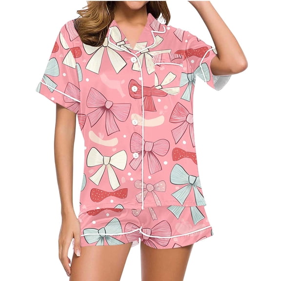 Lorytime Pjs Sets for Women Valentine Valentines Bow Short Sleeve Button Down Shirt with Pockets and Short Sleepwear 2XL