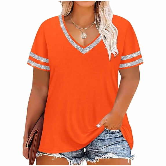 Lorytime Plus Size Shirts for Women Short Sleeve Shirt V Neck Summer Tee Loose Casual Color Block Outfit Orange 5XL