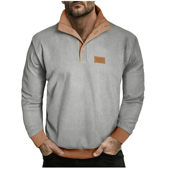 Lorytime Pullover Sweatshirts for Men Color Block Fleece Shirts Mock Neck Buttom Long Sleeve Tops Outerwear Gray 2XL