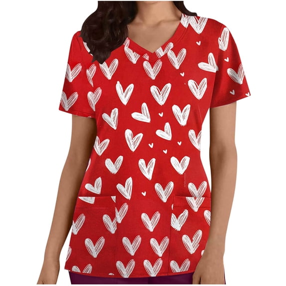 Lorytime Scrub Tops Women Mother's Day Crew Neck T Shirts Short Sleeve Uniform with Pockets Heart Casual Work Clothes