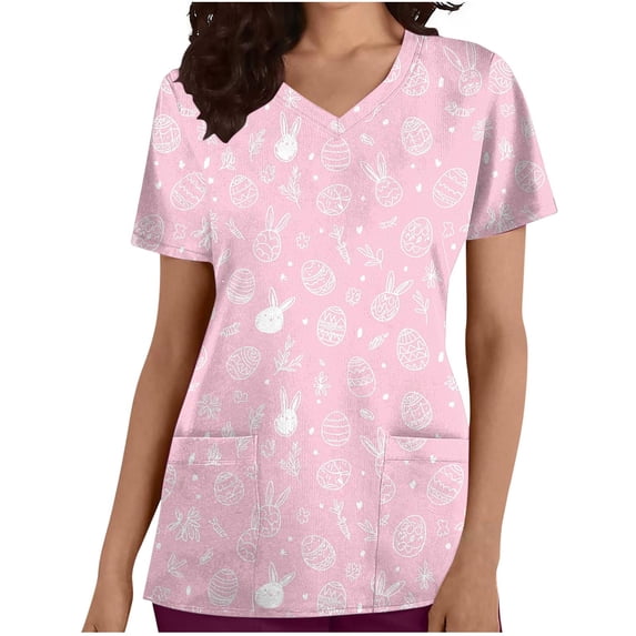 Lorytime Scrub Tops Women Print Easter Short Sleeve T Shirts Crew Neck Tee with Pockets Bunny Loose Basic Workwear
