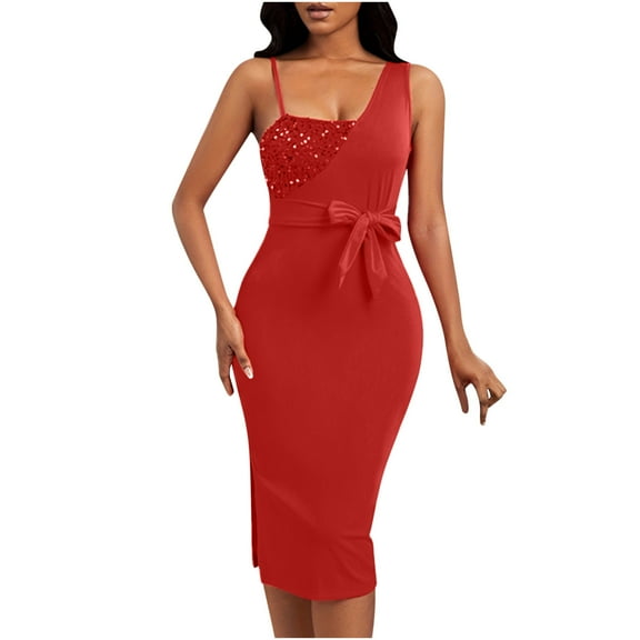 Lorytime Sequin Bodycon Party Dress for Women Midi Bodycon Gown One Shoulder Cocktail Dresses Sleeveless Split Party Dresses