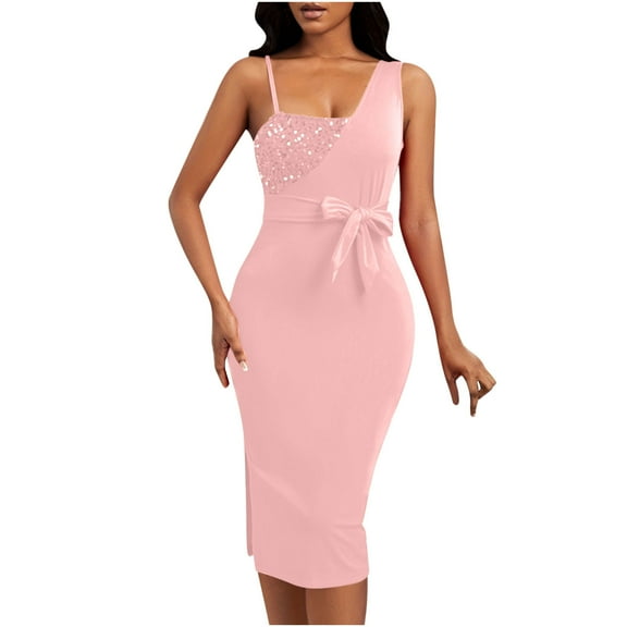 Lorytime Sequin Bodycon Party Dress for Women Midi Bodycon Gown One Shoulder Cocktail Dresses Sleeveless Split Party Dresses