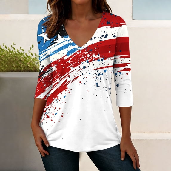 Lorytime Shirts for Women Fourth of July Outfits Patriotic Graphic Clothes Lorytime 3/4 Sleeve Holidays Wear 10-White L