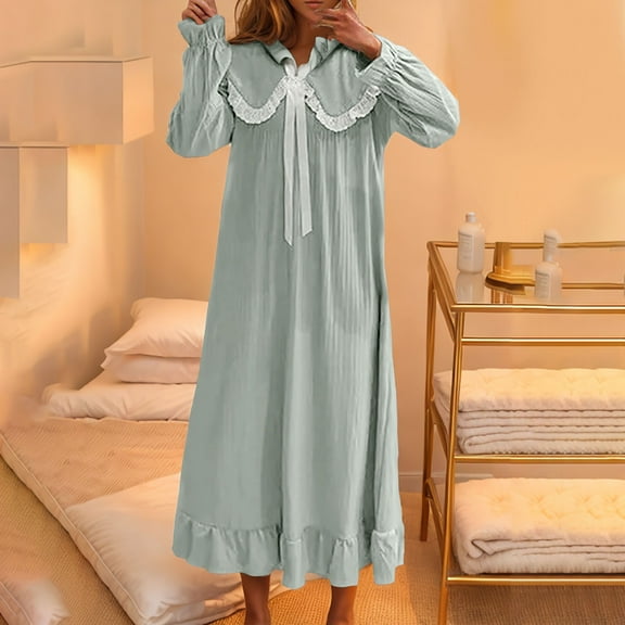 Lorytime Sleep Dresses for Women Maxi Long Long Sleeve Drawstring Sleepdress Collared Solid Sleepshirts Nightgowns Pajamas Dress Comfy Soft Lounge House Nightdress Green M