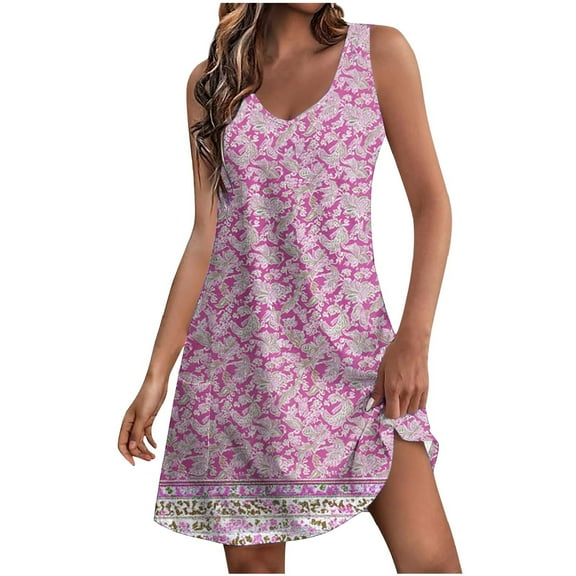 Lorytime Sleeveless Dresses for Women with Pockets Summer Tank Dress Mini Dress Hawaiian Flowy Sundress Knee Length Short Dress Floral Print V Neck Beach Dresses Vacation L