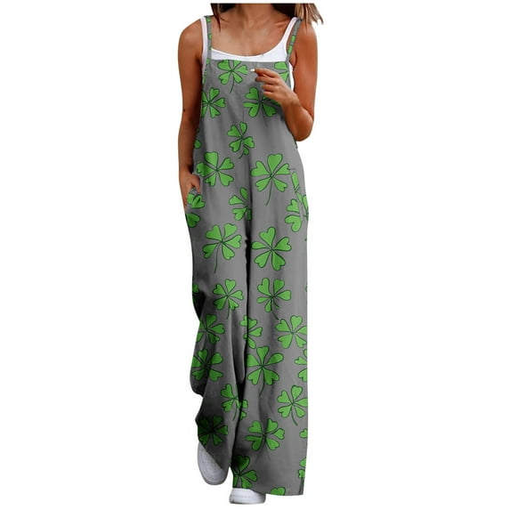 Lorytime St. Patrick's Day Womens Jumpsuits Casual Patterns Green Romper with Pockets Wide Leg Hoilday Overalls Outwear