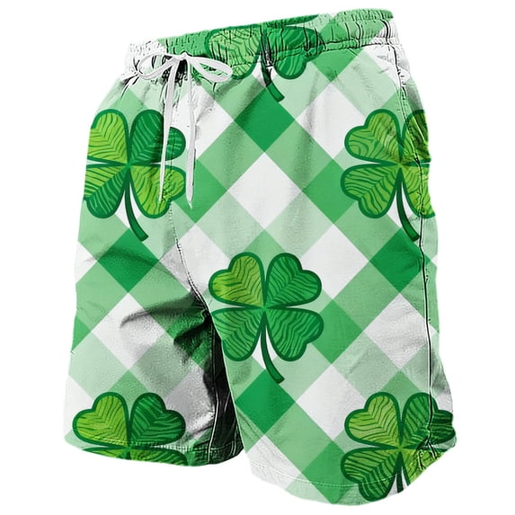 Lorytime St. Patricks Day Men Swim Trunks Patterns Plaid Green Swimwear Elastic Waist Vacation Board Short Beach Shorts