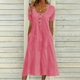 thumbnail image 1 of Lorytime Summer Dresses for Women with Pockets Pink Eyelet Short Sleeve Midi Dress Hollow out Hawaiian Flowy Calf Length Dresses Solid Crewneck Button Dress Casual Vacation L, 1 of 6