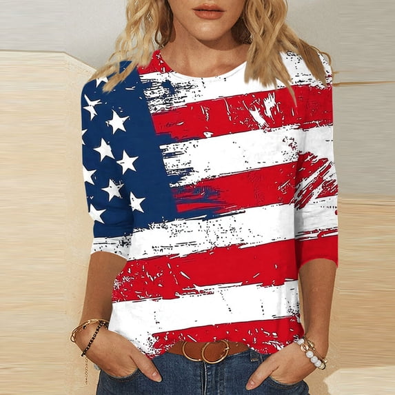 Lorytime Summer Shirts for Women Fourth of July Outfits Stars and Stripes Clothes Lorytime 3/4 Sleeve Holidays Wear