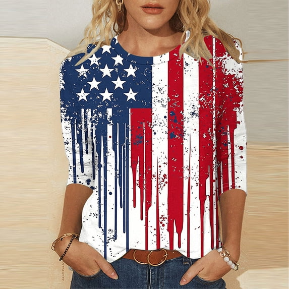 Lorytime Summer Tops for Women Fourth of July Tops Stars and Stripes Outfits Lorytime 3/4 Sleeve Holidays Clothes