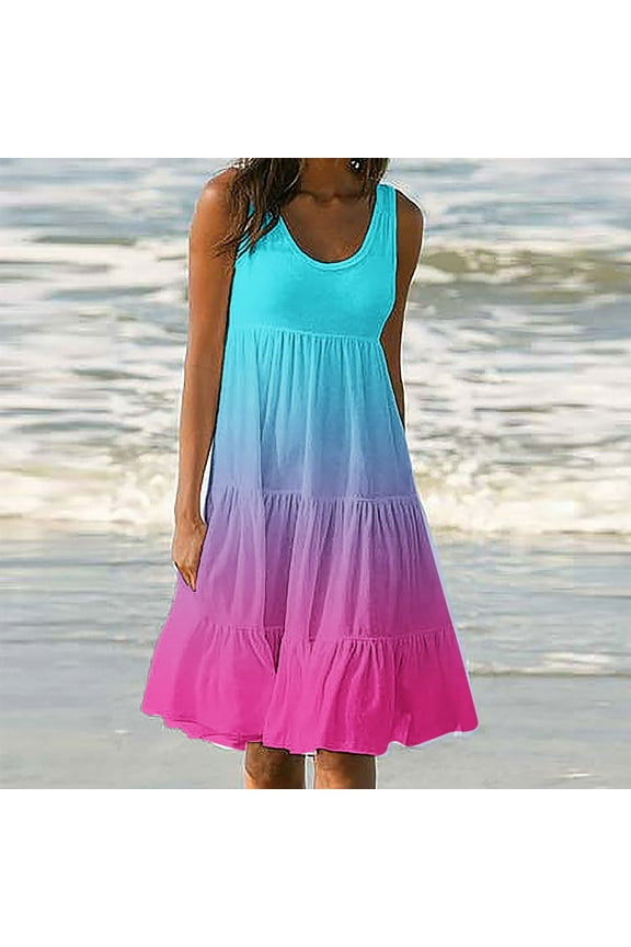 Sundresses for Women Short Summer Gradient Short Dress Sleeveless Layered Pleated Mini Dress Spaghetti Strap Dress Beach Dress Round Neck Party Sundress Holiday Blue 5XL