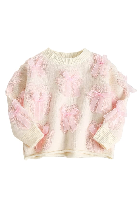 Sweaters for Girls with Cute Print Kids Bear Bow Soft Pullover Crewneck Long Sleeve Tops Soild Knitwear 7 Years