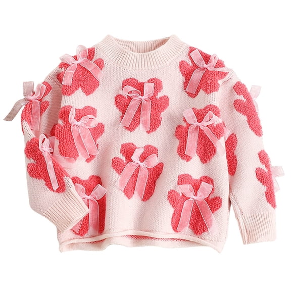 Lorytime Sweaters for Girls with Cute Print Kids Bear Bow Soft Pullover Crewneck Long Sleeve Tops Soild Knitwear 8 Years