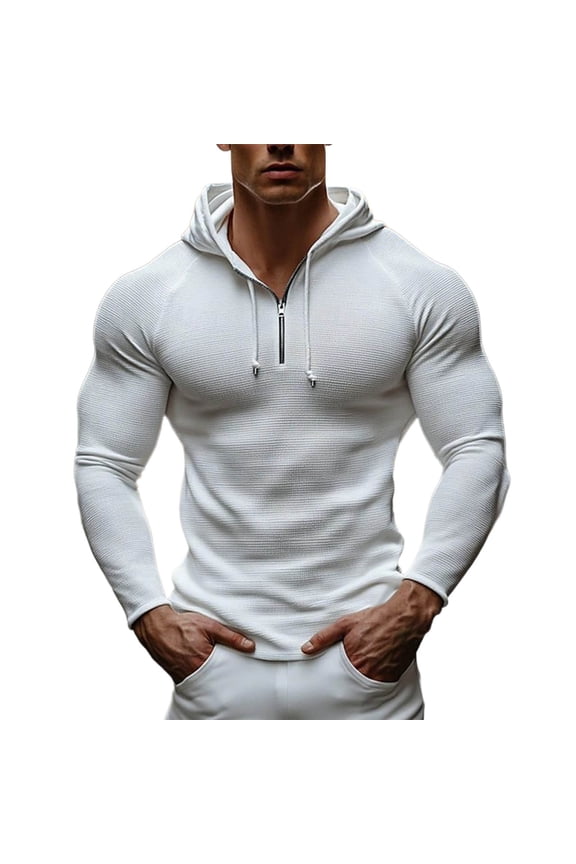 Sweatshirt for Men Half Zip Tight Knit Sweater Long Sleeve Drawstring Sweatshirt Oversized Tops White 3XL