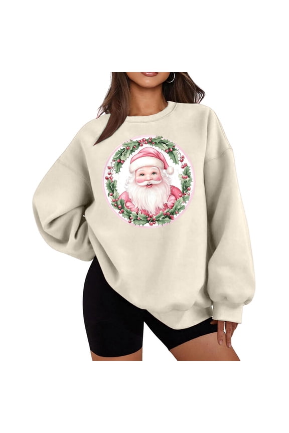 Sweatshirt for Women Crewneck Christmas Santa Claus Print Plush Shirt Long Sleeve Pullover Loose Tops