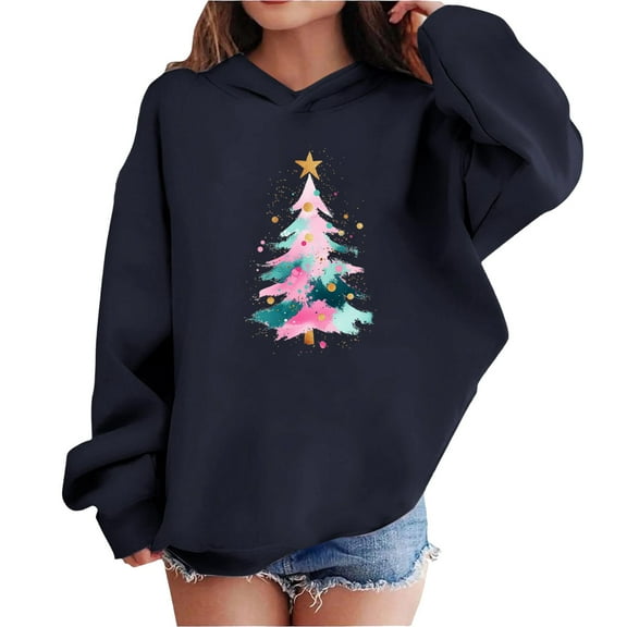 Lorytime Sweatshirts for Girls Warm Boys Christmas Tree Shirt Long Sleeve Pullover Drop Shoulder Cute Tops Blue 3 Years