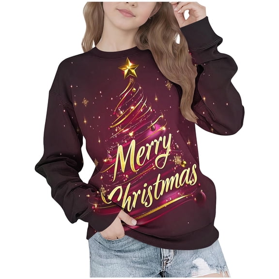 Lorytime Sweatshirts for Girls Winter Boys Merry Christmas Star Shirt Crew Neck Long Sleeve Pullover Festive Tops Brown