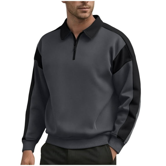 Lorytime Sweatshirts for Men Color Block Pullover Collared Half Zipper Long Sleeve Raglan Tops with Pocket Outerwear Gray 2XL