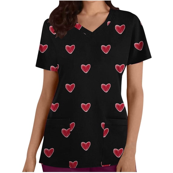 Lorytime T Shirts for Women Mother's Day Short Sleeve Scrub Tops V Neck Shirt with Pockets Heart Casual Work Clothes