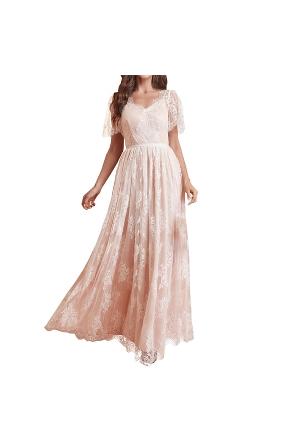 Tulle Dress for Women Lace Maxi A Line Gown V Neck Evening Dresses Backless Short Sleeve Solid Party Dresses