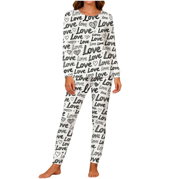 Lorytime Valentine Pajamas Couples Set Heart Crewneck Long Sleeve Top and Bottom with Pockets Womens Sleepwear