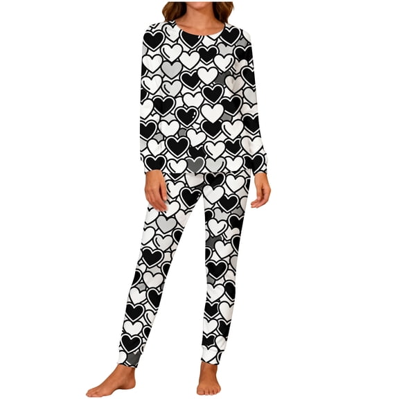 Lorytime Valentine Pajamas for Couples Heart Crewneck Long Sleeve Pullover with Pockets and Trousers with Pockets Women Loungewear