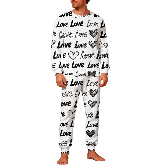 Lorytime Valentines Couple Pajamas Matching Sets Heart Crewneck Long Sleeve Top with Pockets and Bottom Mens Sleepwear