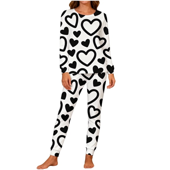 Lorytime Valentines Matching Couple Pajamas Heart Crewneck Long Sleeve Tops with Pockets and Pants Womens Homewear