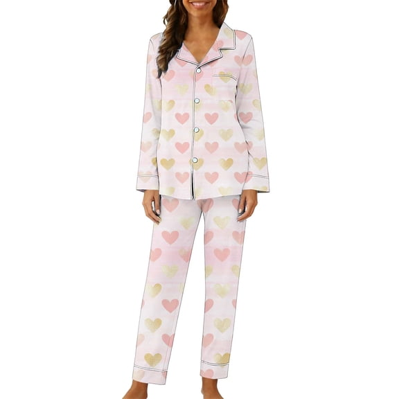 Lorytime Valentines Pjs Sets for Women Valentine Heart Collared Long Sleeve Button Down Tops and Trousers Loungewear M