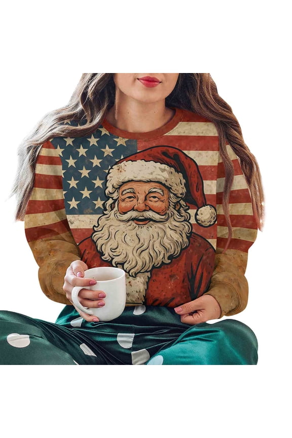 Vintage Crew Neck Sweatshirt Women Christmas Santa Claus Print Shirt Long Sleeve Pullover Tops for Festive