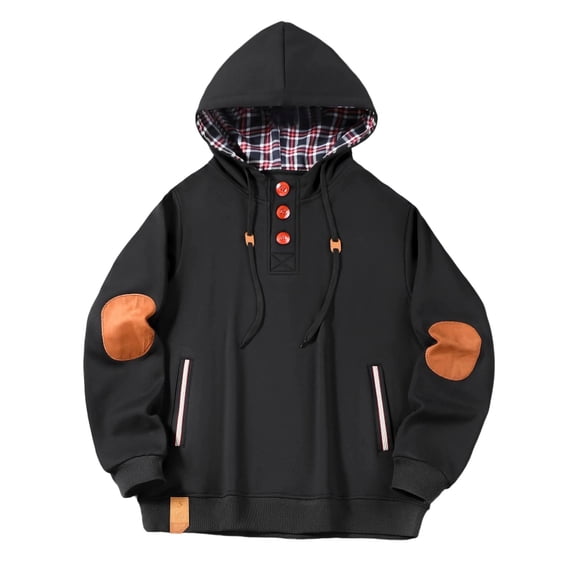 Lorytime Warm Hoodies for Men Solid Fleece Sweatshirt Buttom Long Sleeve Drawstring Pullover with Pocket Tops Black S