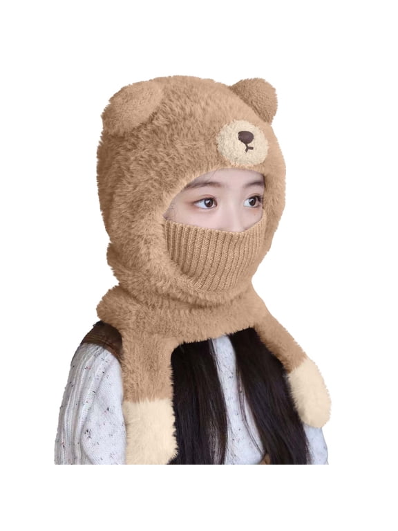 Winter Hat with Scarf Attached Kids Bear Ears Cap with Ear Flaps Thermal Scarf Windproof Hat 3-6 Years