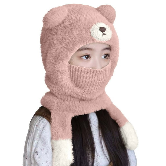 Lorytime Winter Hat with Scarf Attached Kids Bear Ears Cap with Ear Flaps Thermal Scarf Windproof Hat 3-6 Years