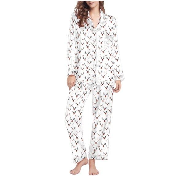 Lorytime Women Christmas Pajamas Set Pattern Long Sleeved Collared Tops Elastic Waist Pants Cozy Loungewear
