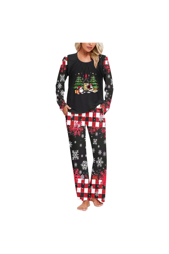 Women Pjs Sets Christmas Red Wine Glass Long Sleeved Crew Neck Tops Elastic Waist Pants Holiday Loungewear