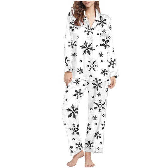 Lorytime Women Pjs Sets Christmas Snowflakes Long Sleeved Collared Tops Elastic Waist Pants Cozy Winter Loungewear