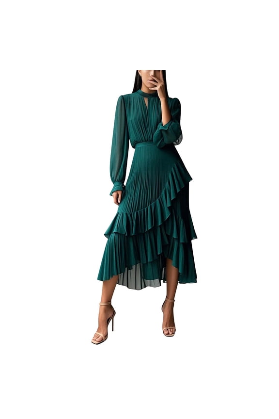 Women Pleated Dresses Formal Ruffle Midi Evening Gown Crew Neck Cocktail Dress Long Sleeve Solid Party Dress