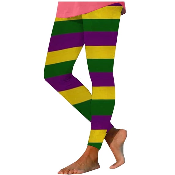 Lorytime Women Yoga Pants Carnival Stripe Mardi Gras Pants Elastic Waist Hoilday Tights Trousers Lounge Pants