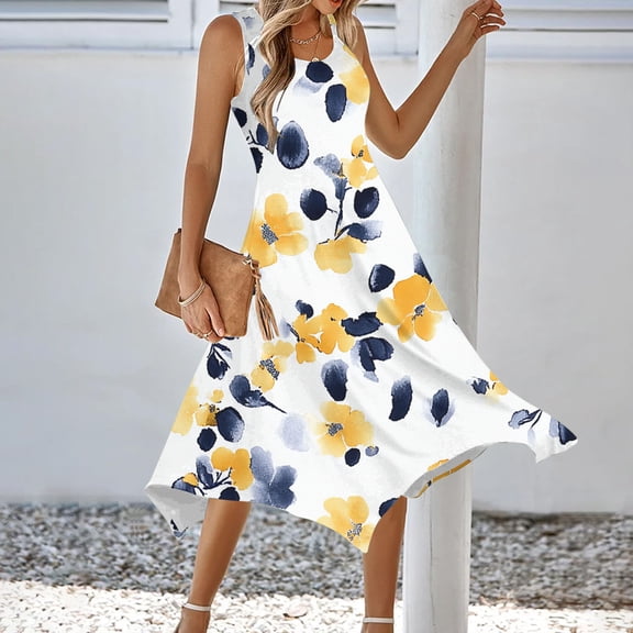 Lorytime Women's Dresses Summer Mid Length with Pocket Sleeveless Tank Dress Midi Dress Irregular Hem Hawaiian Sundress Calf Length Dresses Floral Print Crewneck Beach Dresses XL