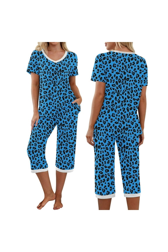 Women's Loungewear Sets V Neck Short Sleeve T Shirts Elastic Waist Capri Pants with Pockets Printed Nightwear