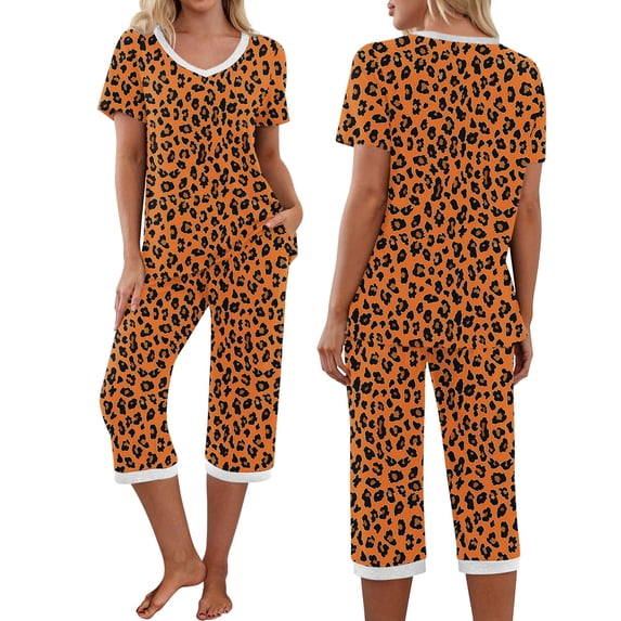 Lorytime Women's Loungewear Sets V Neck Short Sleeve T Shirts Elastic Waist Capri Pants with Pockets Printed Nightwear
