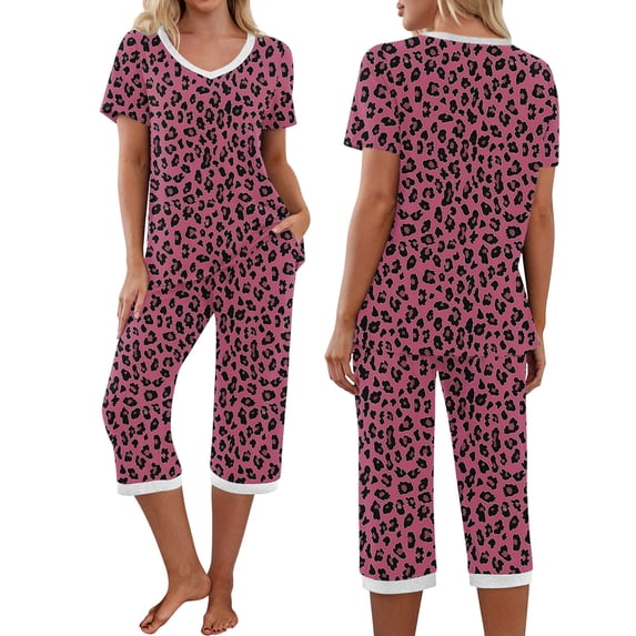 Lorytime Women's Loungewear Sets V Neck Short Sleeve T Shirts Elastic Waist Capri Pants with Pockets Printed Nightwear