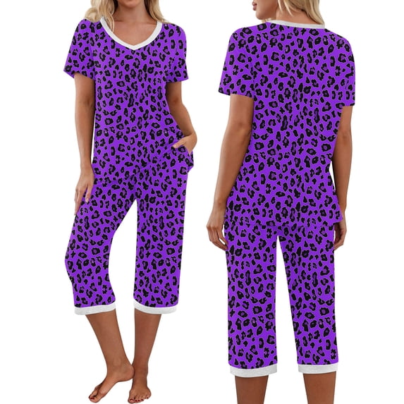Lorytime Women's Loungewear Sets V Neck Short Sleeve T Shirts Elastic Waist Capri Pants with Pockets Printed Nightwear
